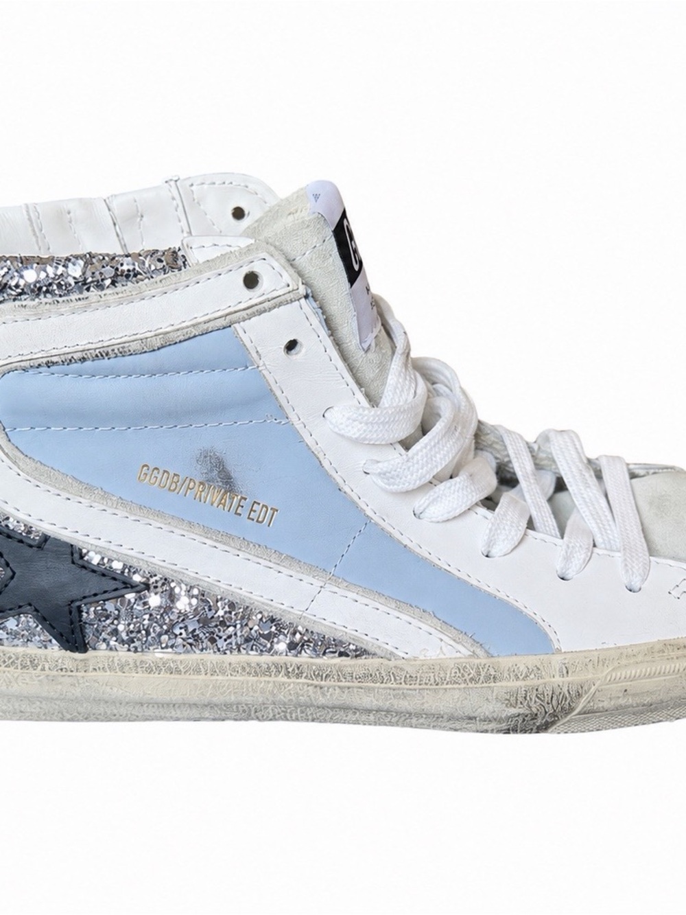 Golden Goose High-Top Sneaker in White & Light Blue with Glitter Star - Picture 3 of 9